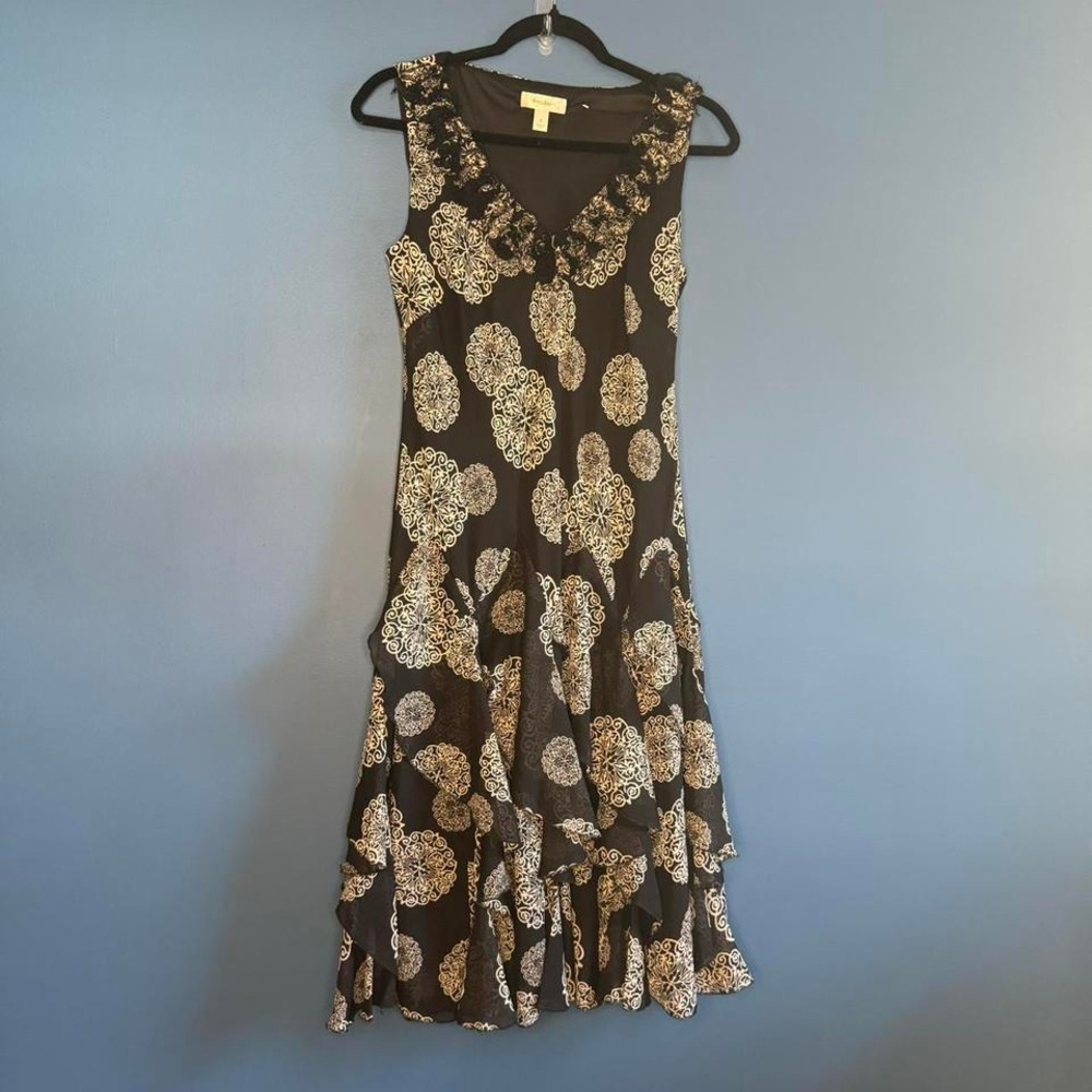 Y2K Dressbarn Ruffle Dress Women's Size 8 Asymmetrical Chiffon‎ Black Print Boho